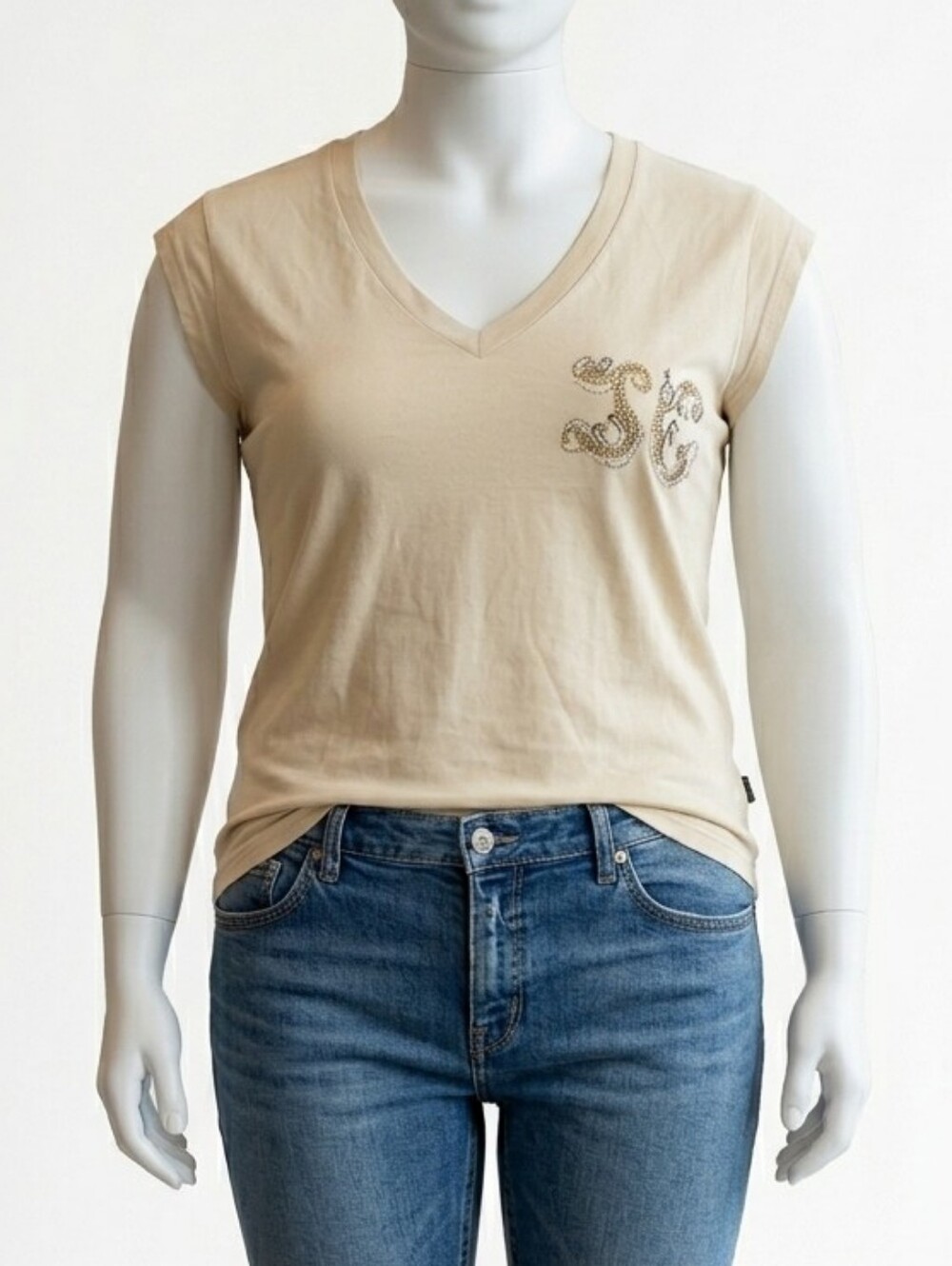 Vintage Just Cavalli Y2K Yellow Rhinestone JC Monogram V-Neck Top L